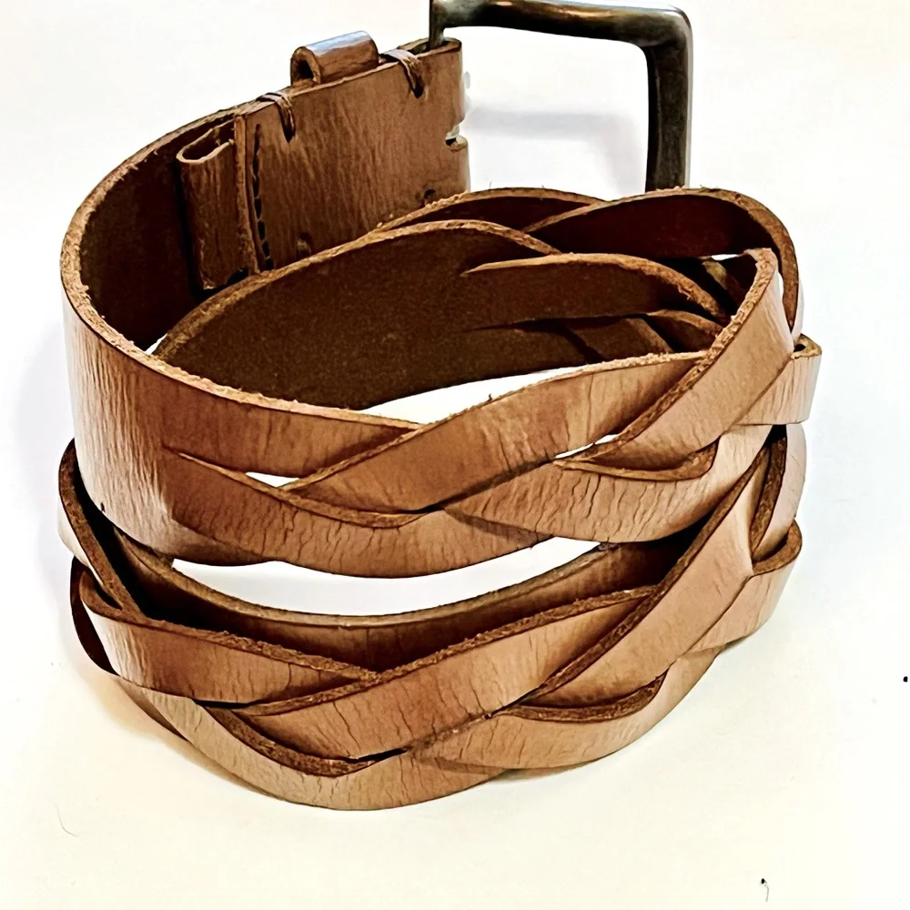 Zara Womens Braided Leather Belt 1.5 Inches Wide Caramel Tan Silvertone Buckle